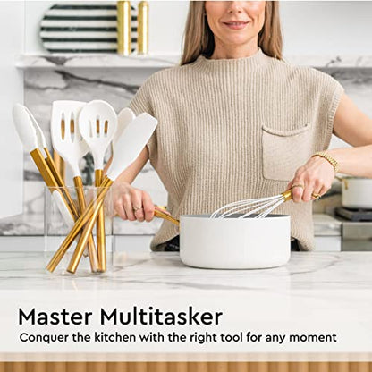 Gold Kitchen Utensils Set – 6 PC White Silicone and Gold Cooking Utensils with Spatula, Whisk, Tongs, Spoons, Cooking Tools for Nonstick Cookware – Luxury Kitchen Accessories for Home Chefs | White Silicone and Gold Cooking Utensils with Spatula, Whisk, T
