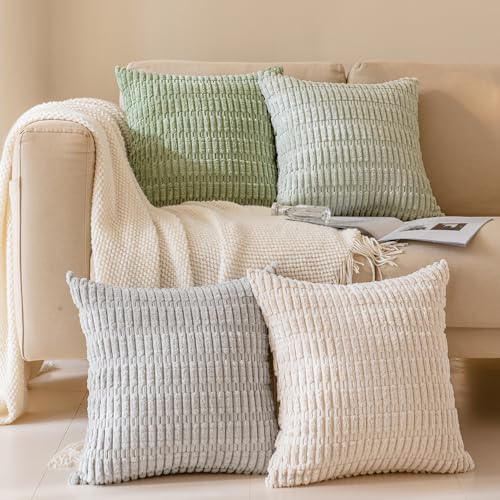Pack of 4 Corduroy Decorative Throw Pillow Covers 18x18 Inch, Green/Grey | Soft Striped Farmhouse Boho Spring Modern Home Decor Throw Pillow Covers for Couch Sofa Bedroom Living Room - color: Green/Grey, size: 18" x 18" (Pack of 4)