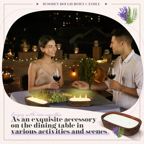 Threlaco 2 Pack Wooden Dough Bowl Scented Candle,Lavender | 3 Cotton Wicks for Even Burning, Natural Soy Wax Blend, Farmhouse Table Centerpiece, Rustic Wooden Bowl Candle Gift Set