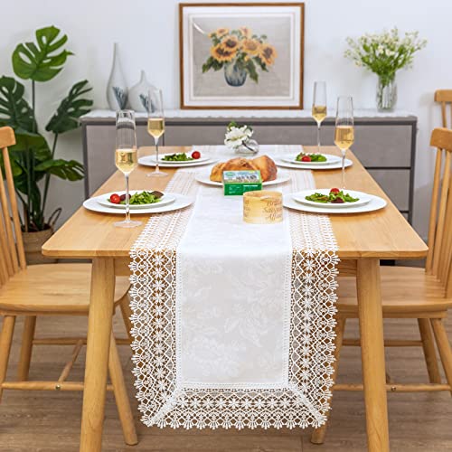 Lace Table Runner Waterproof Fabric Washable Off White 16x70inch | Elegant Decor AntiShrink Soft Wrinkle Resistant Decorative Fabric Dining Home Holiday Party Kitchen Outdoor Indoor Home Décor - color: Florrie-white, size: 16" x 70" (Rectangle)