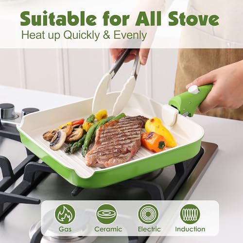 SENSARTE 17 Piece Ceramic Detachable Handle Pots and Pans Set Green | Ceramic Cookware Set, Induction Cookware Set with Removable Handle, Healthy Non Stick for RV, Dishwasher ＆ Oven Safe - color: Green, size: 17 Piece