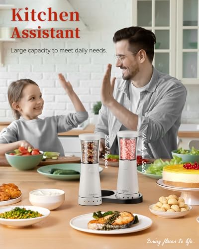 Electric Salt and Pepper Grinder Set with Storage Base, Stainless Steel Rechargeable Salt and Pepper Grinder Set with 4.5 oz Large Capacity, 1.8" Wide Mouth, Adjustable Coarseness, Ideal for Kitchen - color: Matte White