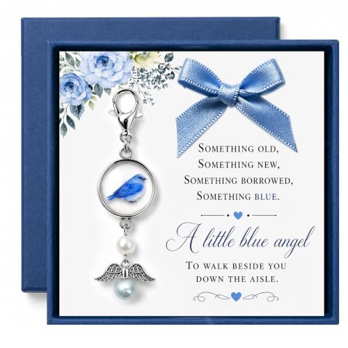 OFlyDesigns Wedding Memorial Gift for Bride,Something Blue Gift with Blue Dragonfly,Forget me not and Cardinal for Bridal Bouquet, Remembering Mom or Dad, Guardian Angel Wedding Keepsake - color: Bird