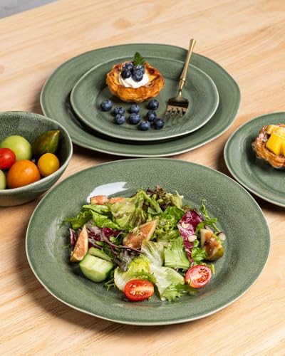AmorArc Ceramic Dinnerware Sets for 4, Handmade Plates and Bowls Sets | Stoneware Reactive Glaze Dish Set, Scratch Resistant, Dishware Set for Kitchen Wedding, Dishwasher & Microwave Safe, 12 Pcs - color: Jade Green