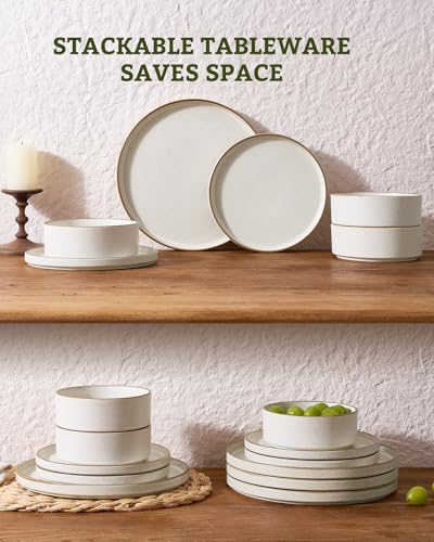 Famiware Nebula 12-Piece Dinnerware Set, Matte Beige White with Brown Rim | Stoneware Plates and Bowls, Handmade Reactive Glaze, Microwave & Dishwasher Safe, Chip & Scratch Resistant - color: Matte Beige White with Brown Rim, size: Service for 4 (Standard