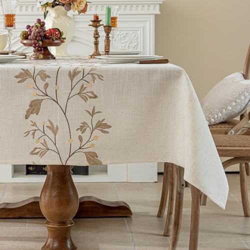 Joyfol Day Rustic Waterproof Linen Tablecloth, Heavy Weight Beige Embroidery Table Cloths for Rectangle Tables, Burlap Farmhouse Table Covers (Coffee Leaves, 55''x 70'') - color: Coffee, size: 70" x 55" (Rectangular)