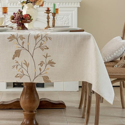 Joyfol Day Rustic Waterproof Linen Tablecloth, Heavy Weight Beige Embroidery Table Cloths for Rectangle Tables, Burlap Farmhouse Table Covers (Coffee Leaves, 55''x 70'') - color: Coffee, size: 70" x 55" (Rectangular)
