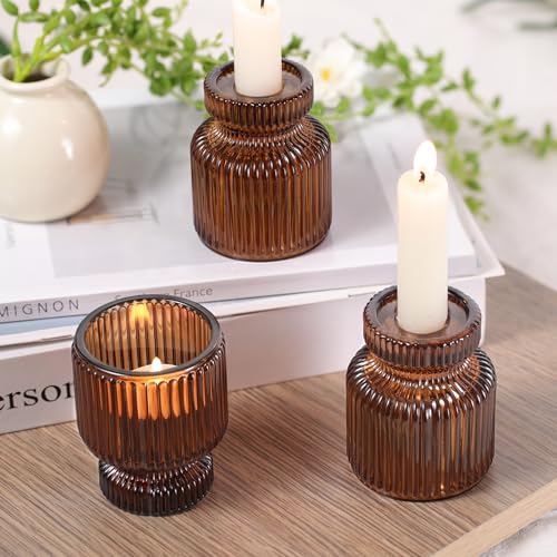6 Pcs Amber Candlestick Holders - Glass Taper Candle Holders Tealight Votive Candle Holders for Table Centerpieces, Wedding, Dinner Party, Home, Gifts - color: Amber, size: 6Pcs