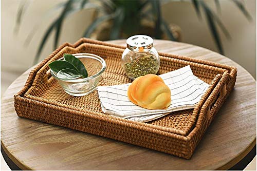 Hand-Woven Rattan Rectangular Serving Tray with Handles for Breakfast, Drinks, Snack for Coffee Table (14.5x10.2x1.4inches) - size: 14.5x10.2x1.4inches