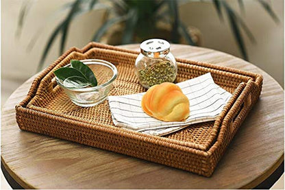 Hand-Woven Rattan Rectangular Serving Tray with Handles for Breakfast, Drinks, Snack for Coffee Table (14.5x10.2x1.4inches) - size: 14.5x10.2x1.4inches
