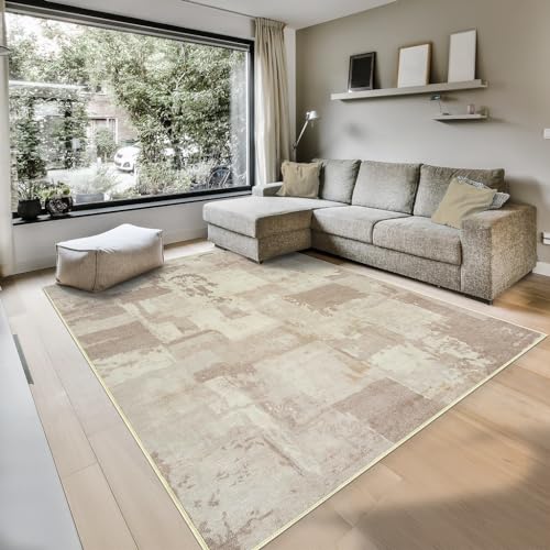 GLN Rugs Bohemian - Troy - Machine Washable Area Rug, Boho Washable, Non Slip, Low Pile Chenille Area Rug, Living Room, Bedroom, Kitchen Rug - Easy Clean (6' x 9' Abstract Tan) - color: Abstract Tan, size: 6' x 9' (Rectangular)