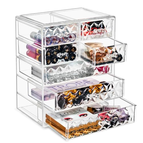 Sorbus Acrylic Makeup Organizer Set, 7-Drawer Vanity & Countertop Cosmetic Storage with Small & Wide Drawers, Diamond Makeup Storage for Brushes, Lipsticks, Jewelry – Holiday Gift for Women & Teens - color: Diamond, style: 3 Large, 4 Small Drawers