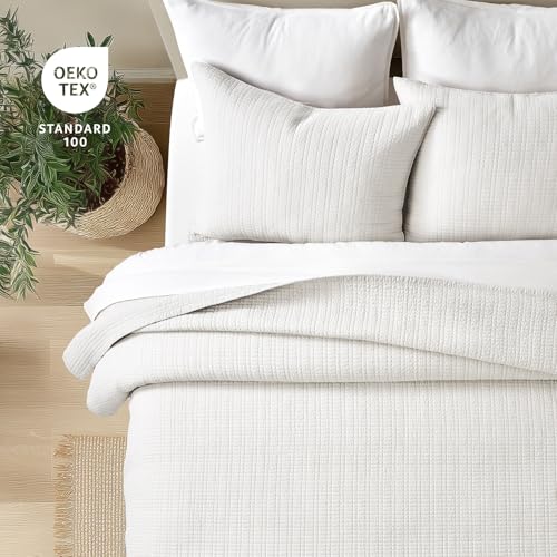 100% Cotton Modern Grid Stitch Quilt Set Queen Size, Bright White | Pre-Washed Cotton Coverlet Bedspread, Oversized Lightweight 3-Piece Bedding Set for All Season, with 2 Pillow Shams - color: Bright White, size: Full/Queen (96" X 94")