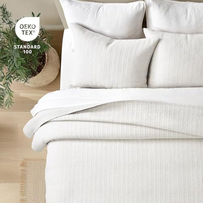 100% Cotton Modern Grid Stitch Quilt Set, King Size, Bright White | Pre-Washed Cotton Coverlet Bedspread, Oversized Lightweight 3-Piece Bedding Set for All Season, with 2 Pillow Shams - color: Bright White, size: King (110" X 94")
