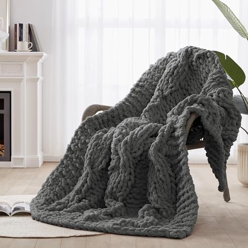 Chunky Knit Blanket Throw - 100% Hand Knitted Chunky Throw Blanket for Couch, Thick and Warm Blanket for Winter, Dark Grey, 50x60 Inches - color: Dark Grey, size: Throw (50" x 60")