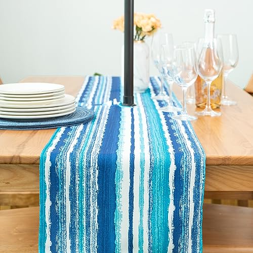 Indoor Outdoor Tabletop for Spring Summer Decorations, Picnics and Dinner Parties - Stain and Water Resistant, Crayon Art (Ocean), Zipper Table Runner, 14 x 72 with Umbrella Hole - color: Crayon Art (Ocean), size: 14" x 72" (Runner, Umbrella Hole)