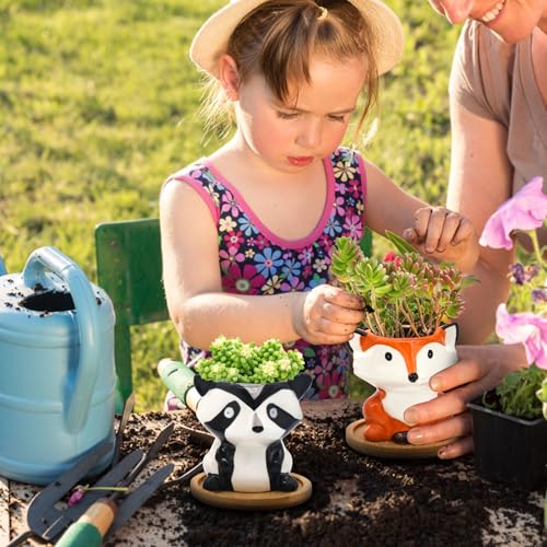 Photken Small Ceramic Succulent Pots - 6 Pack 3" Cartoon Animal Shape Planters Indoor & Outdoor with Drain Holes and Bamboo Tray for Succulents, and Herbs - style: Garden