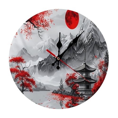 Japanese Landscape Minimalist Silent Wall Clock 9.8x9.8 inches, Modern Round Wooden Clock Without Numbers for Bedroom Living Room Office Home Decor - color: Japanese Landscape, size: 9.8x9.8 inches