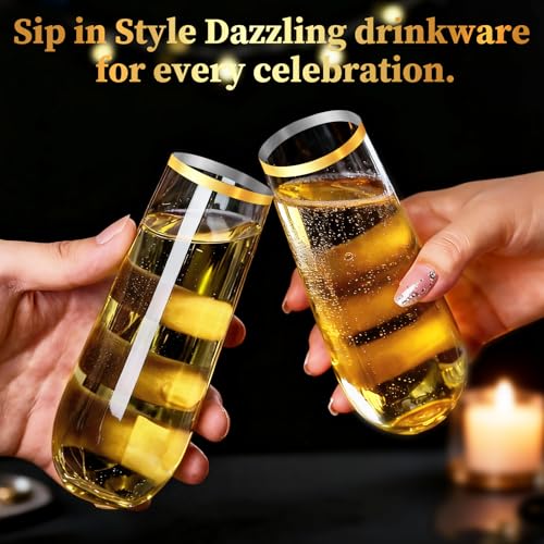 24 Pack Gold Rim Stemless Champagne Flutes, 9 oz Clear Disposable Plastic Glasses, Heavy Duty Shatterproof Recyclable Mimosa Glasses for Party Wine Tasting Wedding New Years Eve Party Supplies - color: Gold RIm, size: 24-Pack