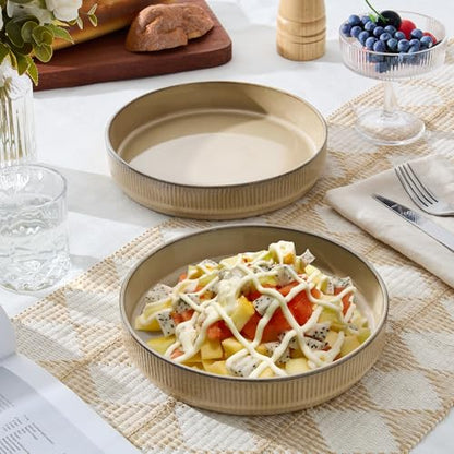 E-far Pasta Bowls Set of 4, 35oz Large Salad Bowl Plate for Dinner Serving, Wide & Shallow Ceramic Stoneware Pasta Plate, Microwave & Dishwasher Safe, Reactive Glaze Textured Stripe, Caramel Khaki - color: Caramel Khaki