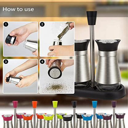 2-Piece Set Salt & Pepper Glass Shaker Stainless Steel Cover with Tray - color: Black with Tray