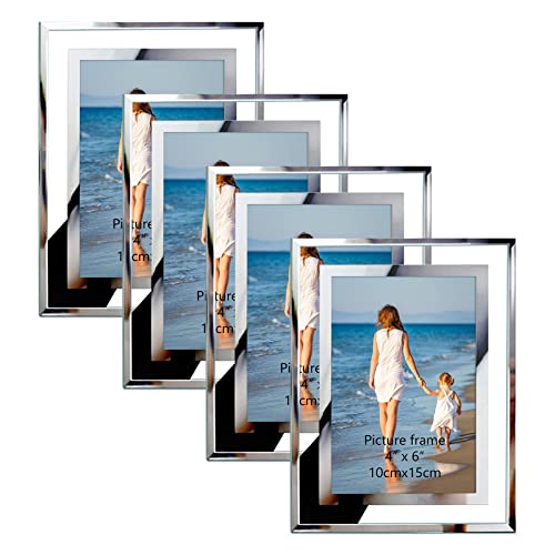 Hoikwo Bulk 4x6 Picture Frames, 4 Packs Silver Photo Frames 4 by 6, Glass Wedding Frames 4x6, Clear Mirror Wedding Photo Frames, Only for Tabletop Display Vertically or Horizontally - size: 4x6-4 Frames