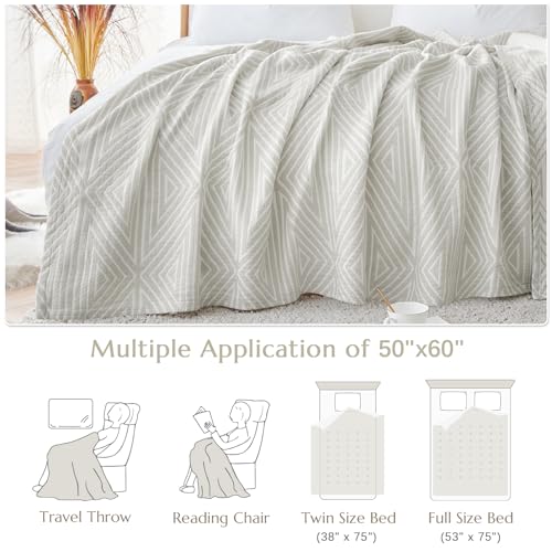 jinchan 100% Cotton Muslin Blanket Twin Boho Throw Blanket 50x60 Soft Gray | 3-Layer, Geometric Triangle Quilt, Cooling Breathable Lightweight, for Adult, Soft, Reversible, Summer, Couch, Sofa, Bedroom - color: B. Triangle Grey, size: 50"x60"