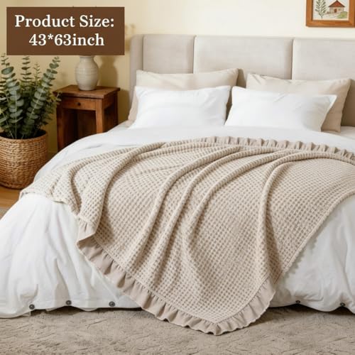 Tegeme Waffle Weave Blanket 43" x 63" 100% Cotton Neutral Boho Farmhouse Woven Knitted Beige Throw with Ruffles Warm Soft Cozy Throw Blanket Decorative Breathable for Couch Bed Sofa