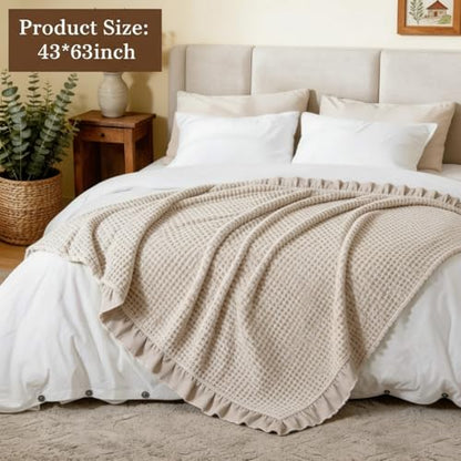 Tegeme Waffle Weave Blanket 43" x 63" 100% Cotton Neutral Boho Farmhouse Woven Knitted Beige Throw with Ruffles Warm Soft Cozy Throw Blanket Decorative Breathable for Couch Bed Sofa