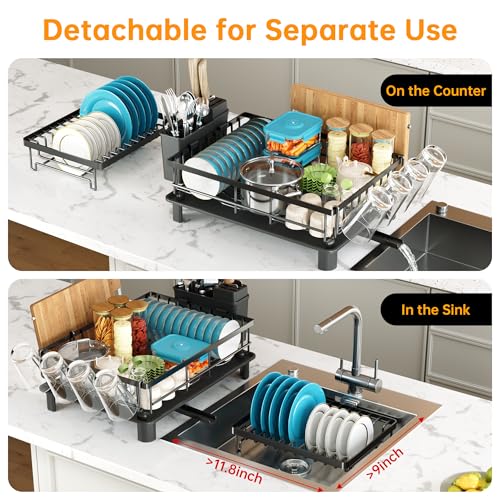 2 Tier Large Detachable Dish Drying Rack for Kitchen Counter,Black | Compact Drying Rack Kitchen, Rust-Resistant Dish Drainer Organizer, Space-Saving Dish Racks with Drainboard, Utensil Holder - color: 2 Tier-black