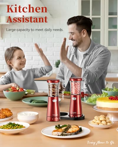 Electric Salt and Pepper Grinder Set with Storage Base, Stainless Steel Rechargeable Salt and Pepper Grinder Set with 4.5 oz Large Capacity, 1.8" Wide Mouth, Adjustable Coarseness, Ideal for Kitchen - color: Bright Red