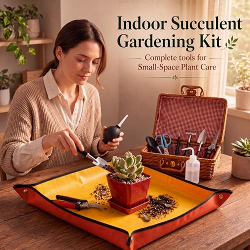 Repotting Mat and Planting Tools, Indoor Plants, Wicker Basket | All-in-one succulent repotting set, pruning shears, snap-corner mat, wicker storage, indoor gardening gift set
