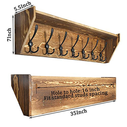 WEBI Wall Shelf with Hooks Underneath,35" Long Coat Rack Wall Mount with Shelf,7 Triple Hooks,Entryway Shelves for Clothes,Jacket,Rustic Brown - color: Brown, size: 35 Inch