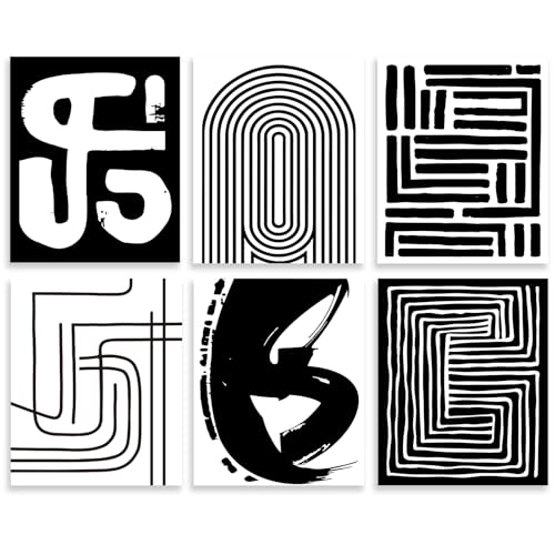 WEBEEDY 6 Pack Black and White Abstract Wall Art Minimalist Geometric Canvas Prints Wall Art Set Unframed Striped Pictures 8x10 Inch Modern Geometric Line Art Print for Office Boho Home Decor