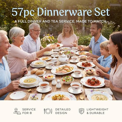 Joseph Sedgh Collection Romantic Bloom Bone China Dinnerware Set, 57-Piece | Service for 8, Premium Ash Bone China, Dishwasher Safe - size: 57 Piece Set