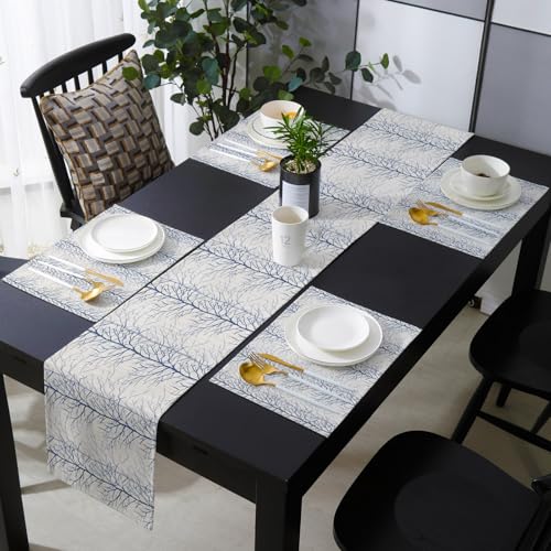 Table Runner and Placemats Set of 6 Tree Branch Decorative Dining Table Runner with Matching Placemats Plant Blue Table Decor for Kitchen Dining Room and Everyday Use 13x90in - size: 13"x90"+6pcs
