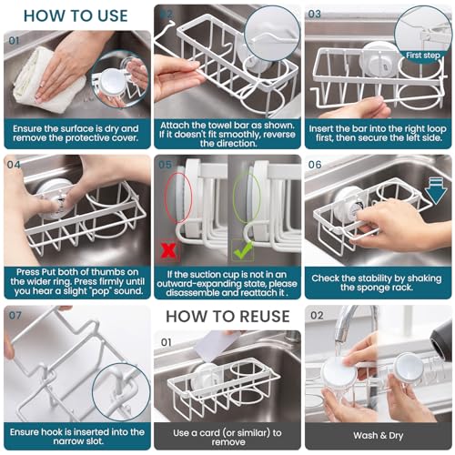 TAILI 4-in-1 Sponge Holder for Kitchen Sink with Strong Suction Cup-White | Removable Rustproof 304 Stainless Steel Multi-compartment Sponge Holder with Suction Cup, Keeps Brushes & Scrubbers Tidy - color: White, size: 7.28" x 2.36"