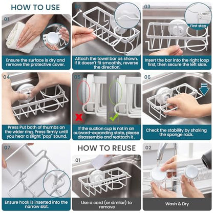 TAILI 4-in-1 Sponge Holder for Kitchen Sink with Strong Suction Cup-White | Removable Rustproof 304 Stainless Steel Multi-compartment Sponge Holder with Suction Cup, Keeps Brushes & Scrubbers Tidy - color: White, size: 7.28" x 2.36"