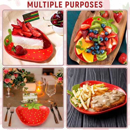 LemonRoad 4 Pcs Ceramic Strawberry Plates 9 Inch Food Serving Platters Strawberry Theme Party Decorations Cute Fruit Salad Plates Dishes Spring Tableware Serving Tray for Dinner Dessert Picnic Candy