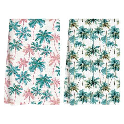 Summer Beach Kitchen Towels, Summer Kitchen Bathroom Decor, Housewarming Gifts, Palm Tree Waffle Decorative Dish Hand Towel for Seasonal Holiday Home Bar Bathroom Baking Set of 2 14x24 Inch - color: Palm Tree-2