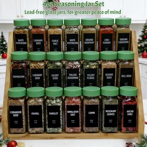 Spice Jars with Labels - 24 Glass Spice with Shaker Lids & Airtight Plastic Caps - 4oz Complete Seasoning Containers Organizer Set for Cabinet, Drawer & Rack (Green) - color: Green