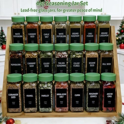 Spice Jars with Labels - 24 Glass Spice with Shaker Lids & Airtight Plastic Caps - 4oz Complete Seasoning Containers Organizer Set for Cabinet, Drawer & Rack (Green) - color: Green