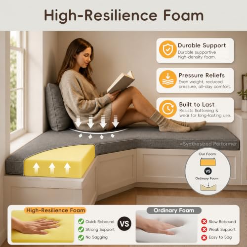 Custom Bench Cushion Waterproof, Non-Slip, Any Shape, 100+Color | 70D High Density Foam, TPU Outdoor Patio Cushion, Indoor Window Seat Cushion, Removable Machine-Washable Zippered Cover