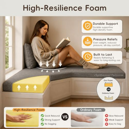 Custom Bench Cushion Waterproof, Non-Slip, Any Shape, 100+Color | 70D High Density Foam, TPU Outdoor Patio Cushion, Indoor Window Seat Cushion, Removable Machine-Washable Zippered Cover
