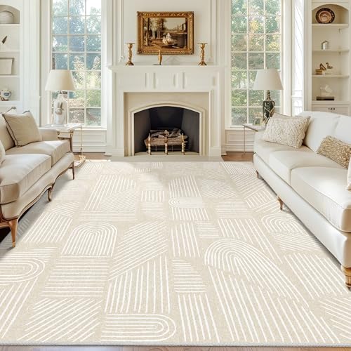 Washable 8x10 Area Rugs Low Pile Non Slip Mid Century Modern Large | Machine Washable Big Throw Carpet for Living Room Dining Room Bedroom Indoor Boho Abstract Neutral Beige and White - color: Beige and White, size: 8' x 10' (Rectangular)