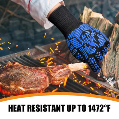 BBQ Gloves, 1472°F Heat Resistant with Silicone Grip Oven Mitts | Non-Slip Grip, for BBQ, Grilling, Oven, Smoker, Cooking and Baking - color: Blue, size: Long (Glove L 13.78" × Palm W 6.33")