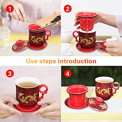 Chinese Tea Cup with Lid, Dragon Pattern, Red, 11.8 fl oz (350ml) | Ceramic tea mug with infuser and lid, dragon tea cup design, matching saucer, removable strainer, for loose-leaf brewing - color: Red