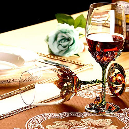 Comeon Flower Wine Glasses Hand Painted Wine Glasses Green 2 Set | Green Enamels Floral Design, Included Gift Box, Transparent Glass, Long Stem Crystal Red Wine Glasses - color: Green/ 2 set (gift box)