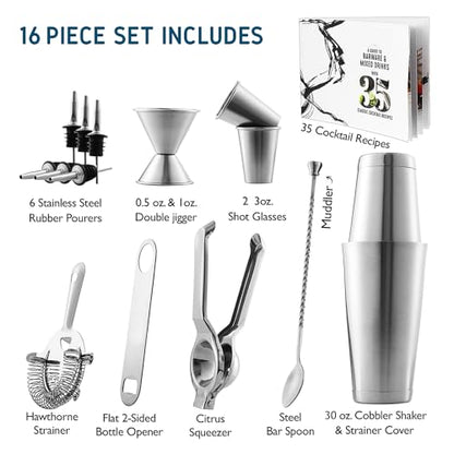 Bar Set Cocktail Shaker Set, Stainless Steel Mixology Bartender Kit, 16 Piece Cocktail Kit, Silver Cocktail Set, Bar Tools: 30oz Martini Shaker, Muddler, Bar Kit Cocktail Book, Jigger and Pourers - color: Silver, size: 16 Piece