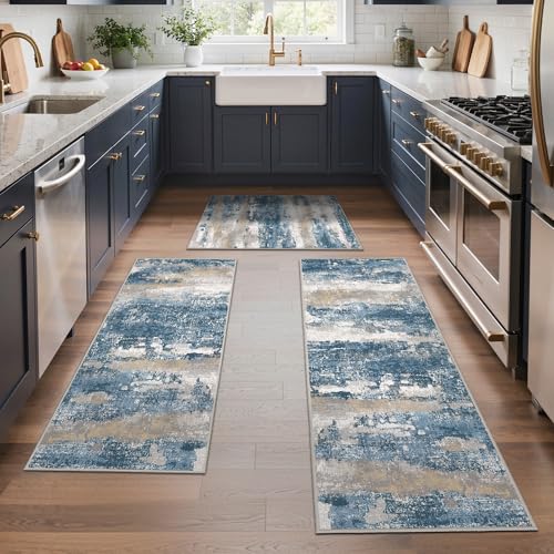 GENIMO Kitchen Rugs Set of 3, Washable Non Slip Kitchen Mats for Floor | 20"x32"&20"x48"&20"x59", Blue Gray vvintage abstract rug, soft faux cashmere, low pile, easy-clean for laundry - color: Blue Gray, size: 20"x32"+20"x48"+20"x59"